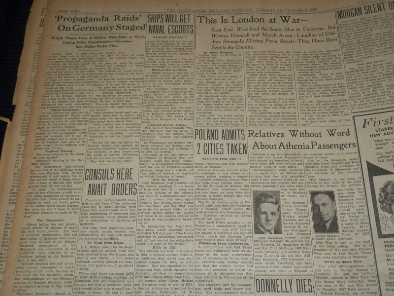 1939 SEPT 5 MINNEAPOLIS MORNING TRIBUNE - BRITISH PLANES RAID NAZI PORT- NT 9521