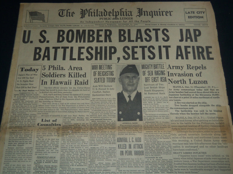 1941 DEC 11 PHILADELPHIA INQUIRER - U. S. BOMBER BLASTS JAP BATTLESHIP - NT 7507