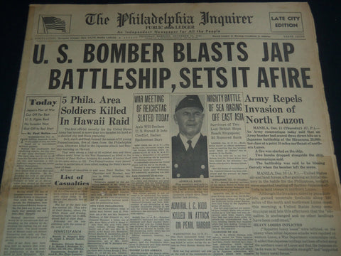 1941 DEC 11 PHILADELPHIA INQUIRER - U. S. BOMBER BLASTS JAP BATTLESHIP - NT 7507