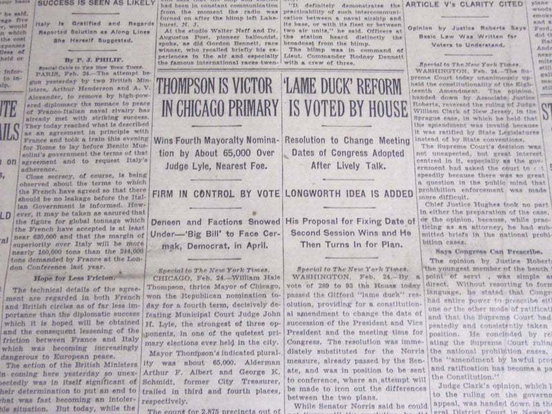1931 FEB 25 NEW YORK TIMES - THOMPSON IS VICTOR IN CHICAGO PRIMARY - NT 6669