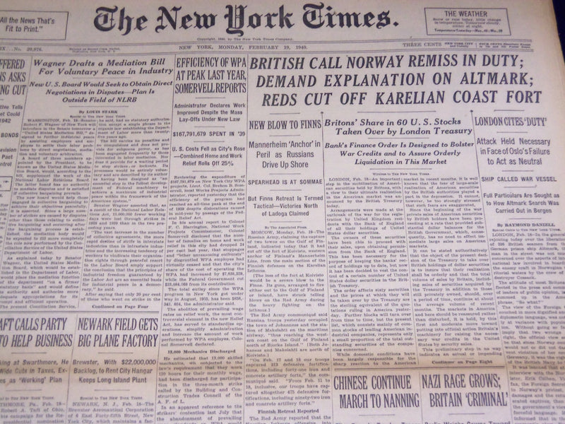 1940 FEBRUARY 19 NEW YORK TIMES - REDS CUT OFF KARELIAN - NT 2924