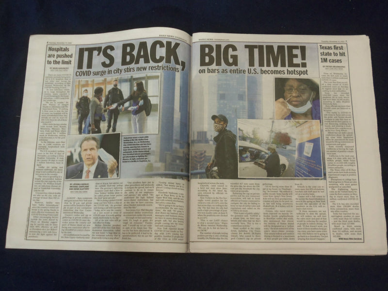 2020 NOVEMBER 12 NEW YORK DAILY NEWS NEWSPAPER - NY STATE TO SHUT BARS AT 10 PM
