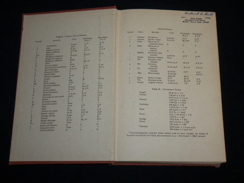 1961 FLUID MECHANICS FOR ENGINEERS HARDCOVER BOOK - SECOND PRINTING - KD 6639
