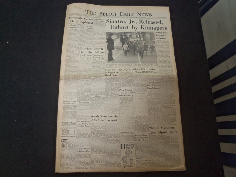 1963 DEC 11 BELOIT DAILY NEWS NEWSPAPER - SINATRA JR. RELEASED, UNHURT - NP 8055