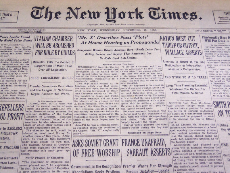 1933 NOVEMBER 15 NEW YORK TIMES - MR. X DESCRIBES NAZI PLOTS - NT 4165
