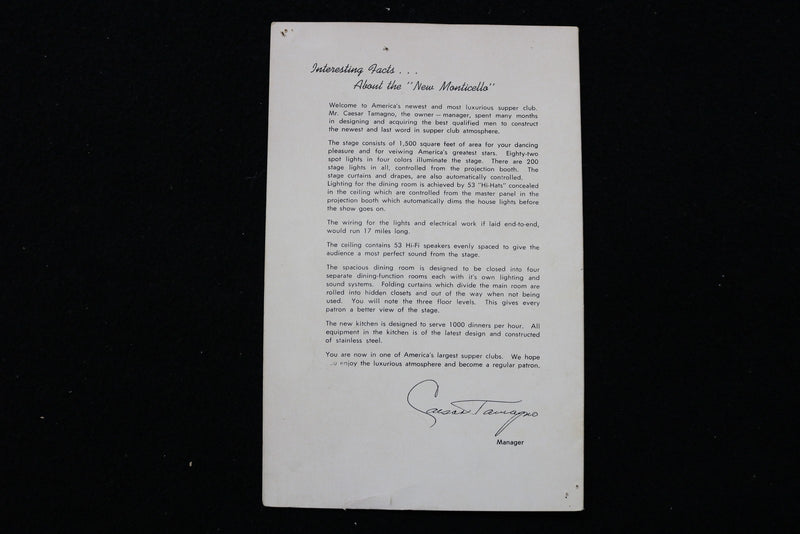 1950'S CAESAR'S MONTICELLO MENU - ABBE LANE SIGNED COVER - K 2864