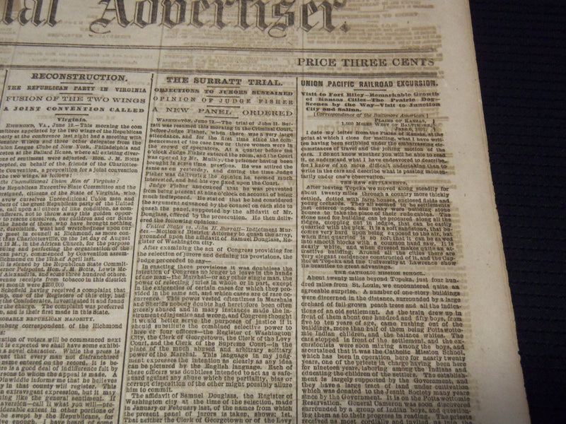 1867 JUNE 13 AMERICAN AND COMMERCIAL ADVERTISER NEWSPAPER - SURRATT- NP 4252I