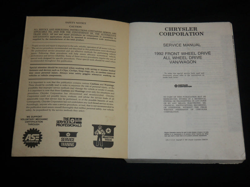 1992 CHRYSLER VAN/WAGON FWD & AWD SERVICE MANUAL - 25 SECTIONS - R 703S
