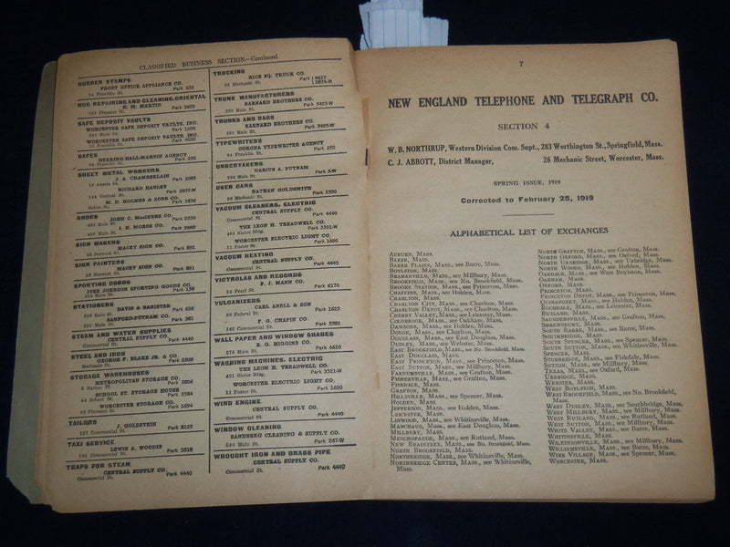 1919 SPRING WORCESTER DISTRICT TELEPHONE DIRECTORY - WORCESTER DISTRICT - J 8819