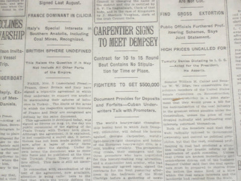 1920 NOVEMBER 6 NEW YORK TIMES - CAPRENTIER SIGNS TO MEET DEMPSEY - NT 8446