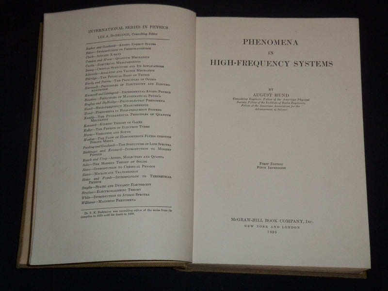 1936 PHENOMENA IN HIGH-FREQUENCY SYSTEMS BOOK BY AUGUST HUND- KD 5294R