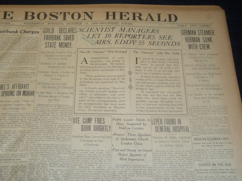 1906 OCT 31 THE BOSTON HERALD SCIENTIST MANAGERS LET REPORTERS MRS. EDDY - BH 90