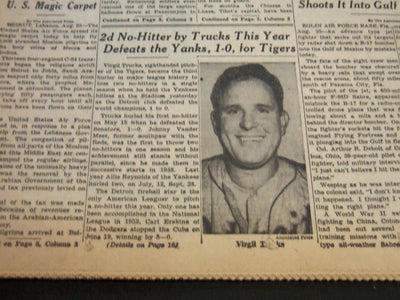 1952 AUGUST 26 NEW YORK TIMES - 2D NO-HITTER BY TRUCKS THIS YEAR - NT 5792