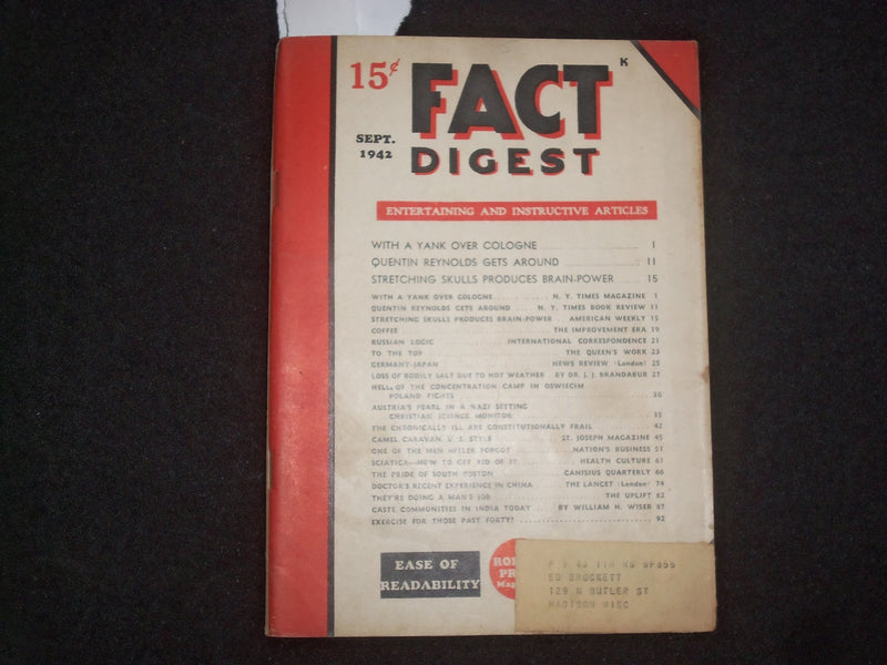 1942 SEPTEMBER FACT DIGEST MAGAZINE - ENTERTAINING/INSTRUCTIVE ARTICLES - J 9991