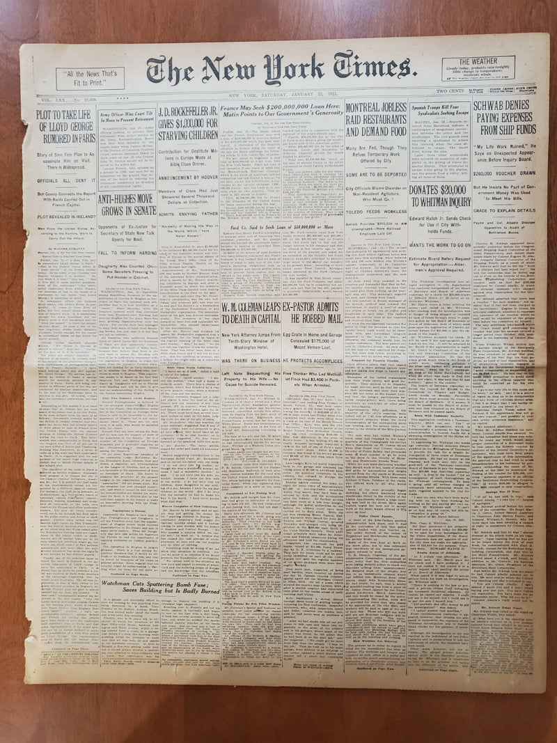 1921 JAN 22 NEW YORK TIMES-ROCKEFELLER GIVES $1MIL FOR STARVING CHILDREN-NT 8105