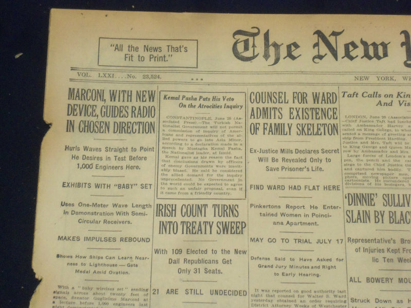 1922 JUNE 21 NEW YORK TIMES - MARCONI NEW DEVICE GUIDES RADIO - NT 8412