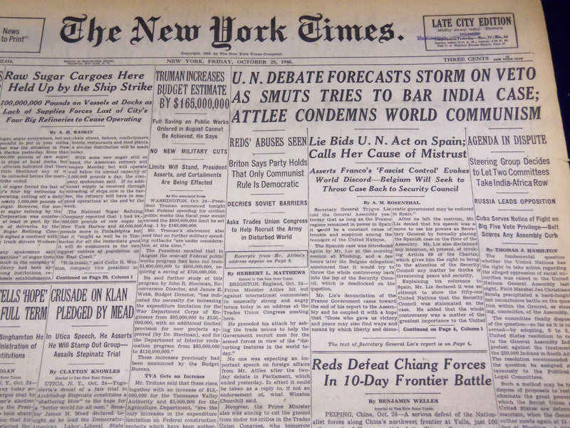 1946 OCTOBER 25 NEW YORK TIMES - U. N. STORM ON VETO - NT 2971