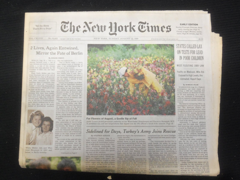 1999 AUGUST 22 NEW YORK TIMES NEWSPAPER - STATES LAX ON TESTS FOR LEAD - NP 7009