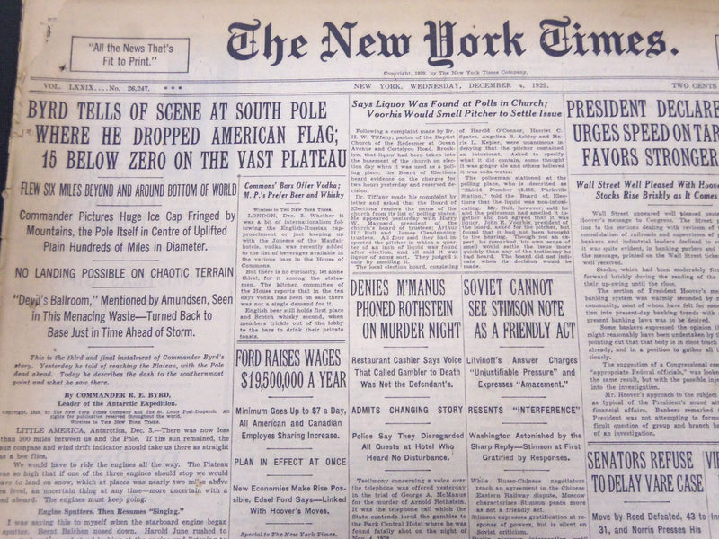 1929 DECEMBER 4 NEW YORK TIMES - BYRD TELLS OF SCENE AT SOUTH POLE - NT 5307