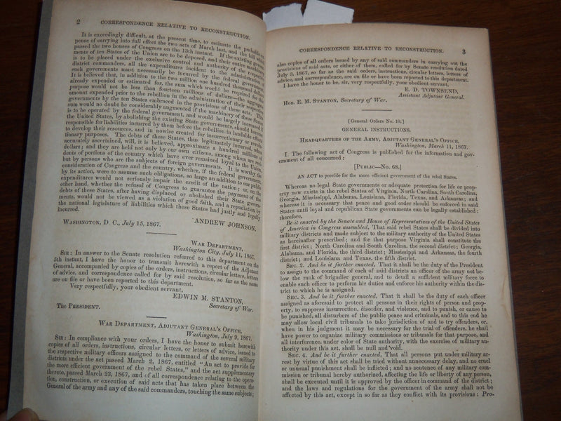 1867 JULY 15 PRESIDENT ANDREW JOHNSON MESSAGE BOOKLET - K 1163