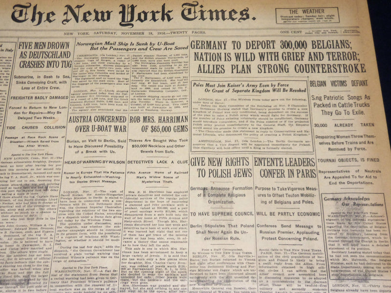 1916 NOVEMBER 18 NEW YORK TIMES - GERMANY TO DEPORT 300,000 BELGIANS - NT 7727