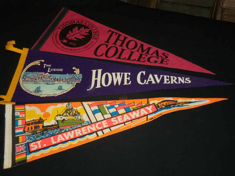 1960'S ASSORTED WALL PENNANTS LOT OF 3 - THOMAS COLLEGE - HOWE CAVERNS - SEAWAY