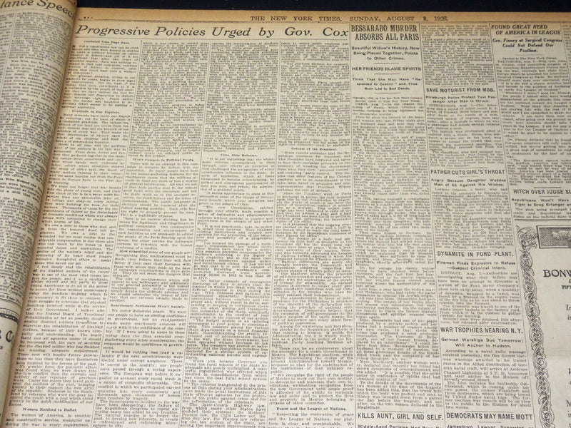 1920 AUGUST 8 NEW YORK TIMES - COX STANDS SQUARELY FOR LEAGUE - NT 8545