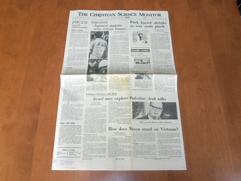 1968 JULY 16 CHRISTIAN SCIENCE MONITOR-ISRAEL TO EXPLORE PALESTINE TALKS-NP 4656