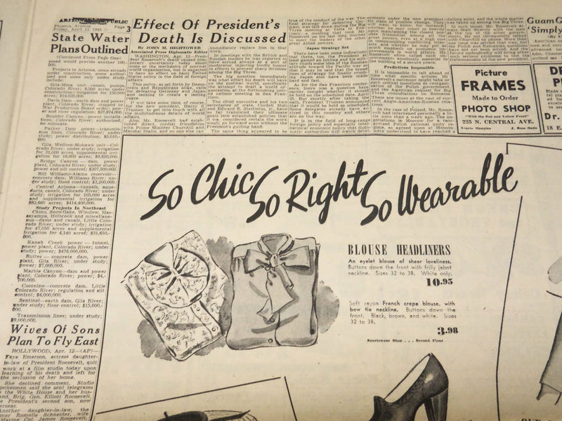 1945 APRIL 13 ARIZONA REPUBLIC NEWSPAPER - PRESIDENT ROOSEVELT DIES - NP 4514