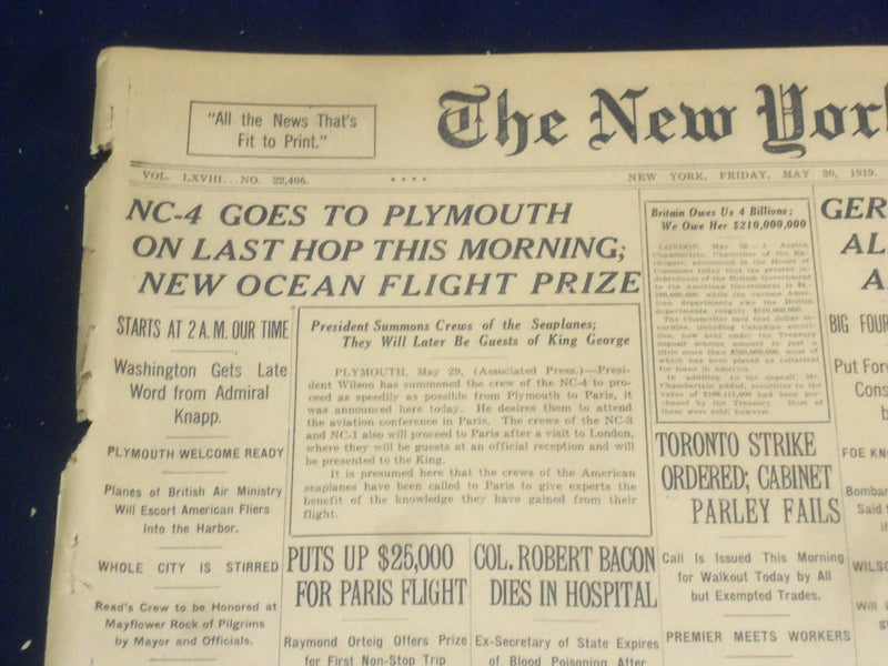1919 MAY 30 NEW YORK TIMES - NC-4 GOES TO PLYMOUTH - NT 9254