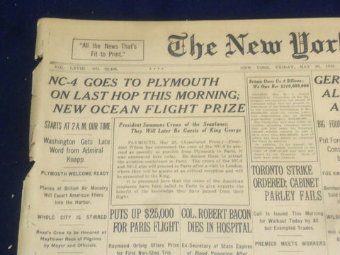 1919 MAY 30 NEW YORK TIMES - NC-4 GOES TO PLYMOUTH - NT 9254