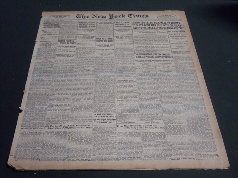 1924 MARCH 20 NEW YORK TIMES - COMMITTEE CALLS WILL HAYS TO TESTIFY - NT 6824