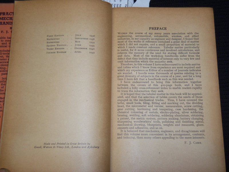 1942 PRACTICAL MECHANICS HANDBOOK BY F. J. CAMM - FOURTH EDITION - KD 4585Q