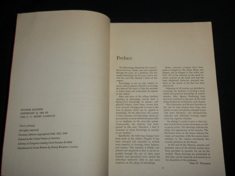 1961 KRANZ MANUAL OF KINESIOLOGY BOOK BY CLEM W. THOMPSON - 4TH EDITION - J 6839