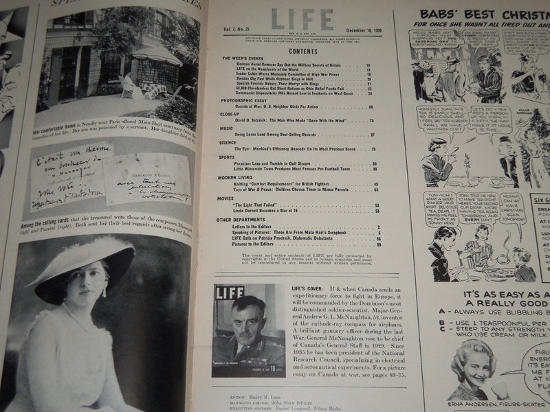1939 DECEMBER 18 LIFE MAGAZINE - ANDREW MCNAUGHTON COVER - L 161
