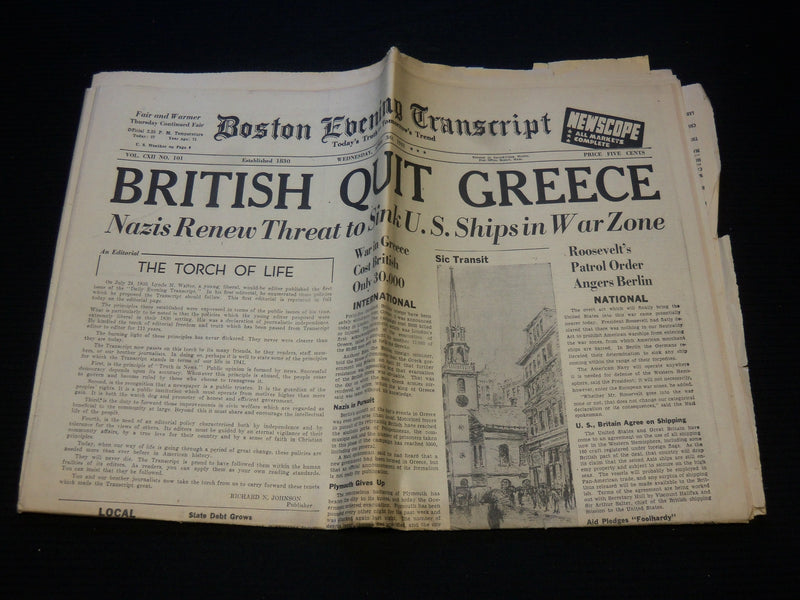 1941 APRIL 30 BOSTON TRANSCRIPT NEWSPAPER - BRITISH QUIT GREECE - NP 4251S