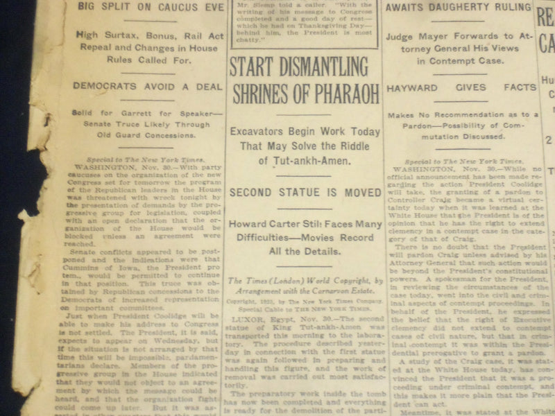 1923 DECEMBER 1 NEW YORK TIMES - START DISMANTLING SHRINES OF PHARAOH - NT 9210