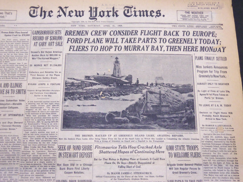1928 APR 21 NEW YORK TIMES - BREMEN CREW CONSIDER FLIGHT BACK TO ESCAPE- NT 5279