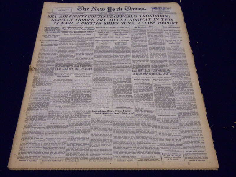 1940 APRIL 12 NEW YORK TIMES - GERMAN TROOPS TRY TO CUT NORWAY IN TWO - NT 229