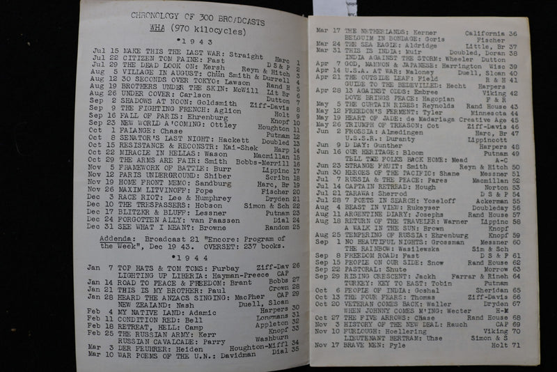 1951 WFOW BOOK SHOW MEMORIAL BROCHURE 300TH BROADCAST - SOFTCOVER - K 3012