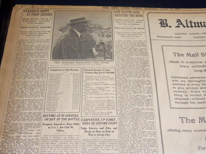 1921 JULY 3 NEW YORK TIMES - DEMPSEY KNOCKS OUT CARPENTIER IN 4TH ROUND- NT 8694