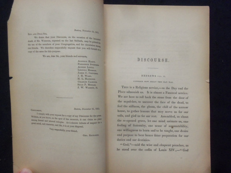 1852 DISCOURSE - DANIEL WEBSTER DEATH BY GEO. RICHARDS SOFTCOVER BOOKLET - K 242