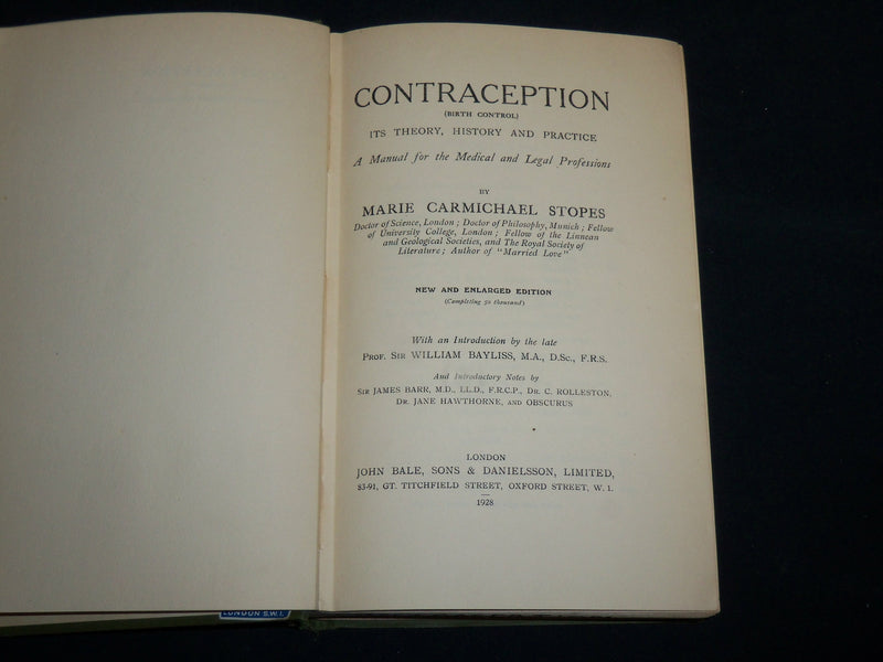 1928 CONTRACEPTION THEORY HISTORY AND PRACTICE BOOK BY MARIE STOPES - KD 7219