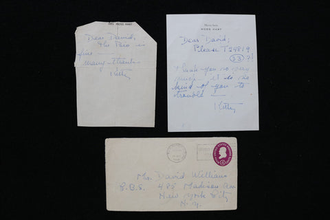 1962 KITTY CARLISLE HART SIGNED NOTES & ENVELOPE - LOT OF 3 - K 2778