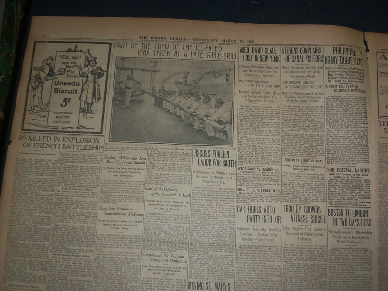 1907 MAR 13 THE BOSTON HERALD-80 KILLED IN EXPLOSION OF FRENCH BATTLESHIP -BH 10