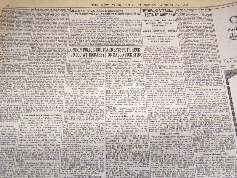 1927 AUGUST 11 NEW YORK TIMES - SACCO & VANZETTI REPRIEVED AT LAST HOUR- NT 9559