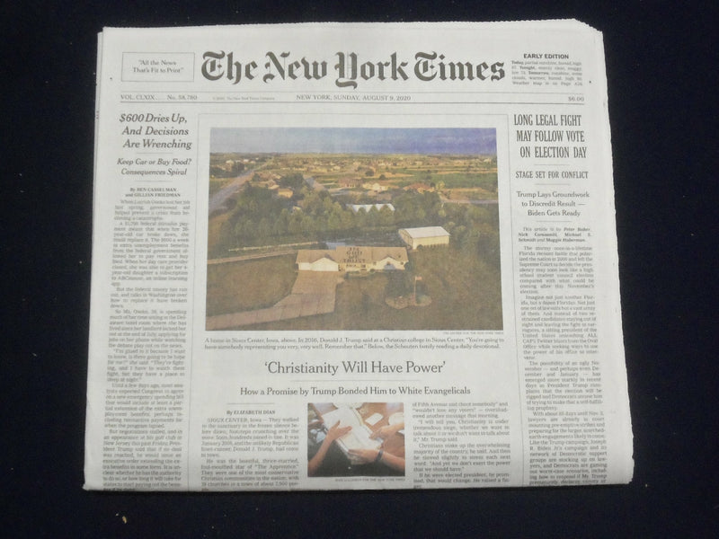 2020 AUGUST 9 NEW YORK TIMES - LONG LEGAL FIGHT MAY FOLLOW VOTE ON ELECTION DAY