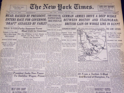1942 JULY 23 NEW YORK TIMES - GERMANS DRIVE A WEDGE BETWEEN ROSTOV - NT 1579