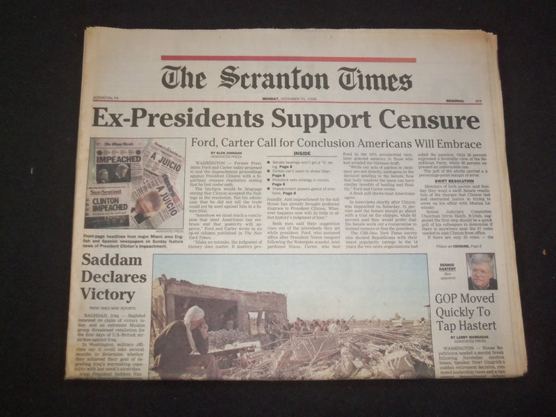 1998 DEC 21 THE SCRANTON TIMES NEWSPAPER- EX-PRESIDENTS SUPPORT CENSURE- NP 8382