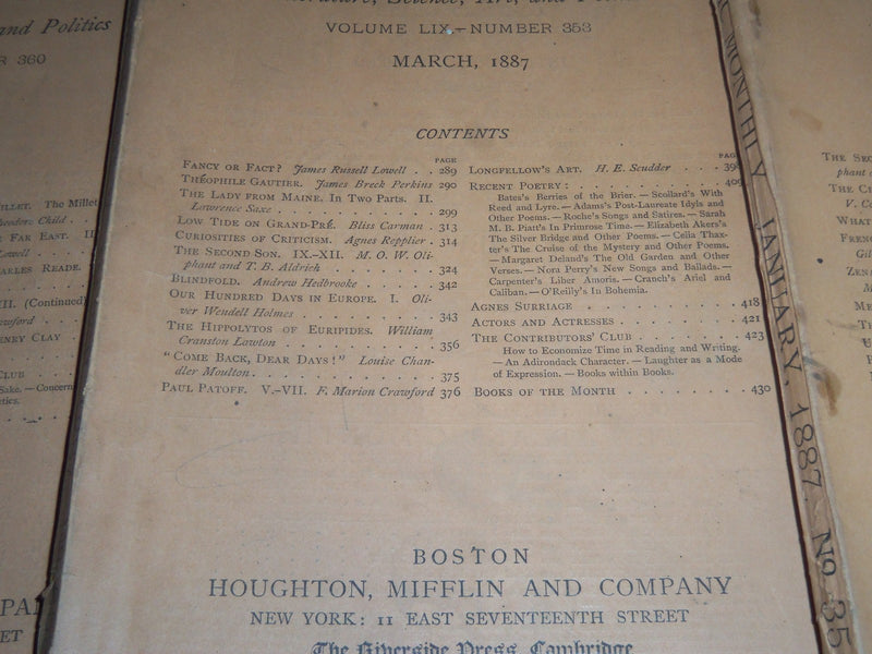 1886-1887 THE ATLANTIC MONTHLY MAGAZINE LOT OF 7 - STORIES & ARTICLES - WR 341A